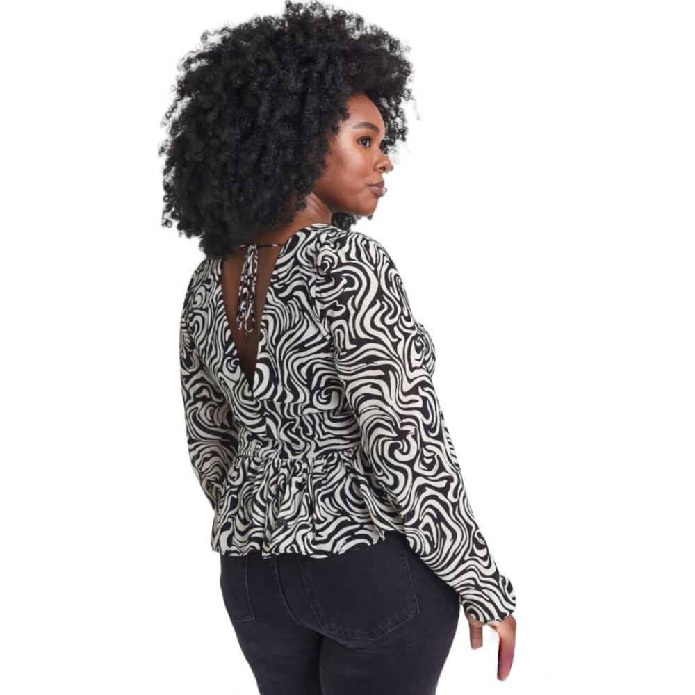 H&M Low-cut Peplum Chiffon Blouse with Balloon Sleeves, Women's XXL